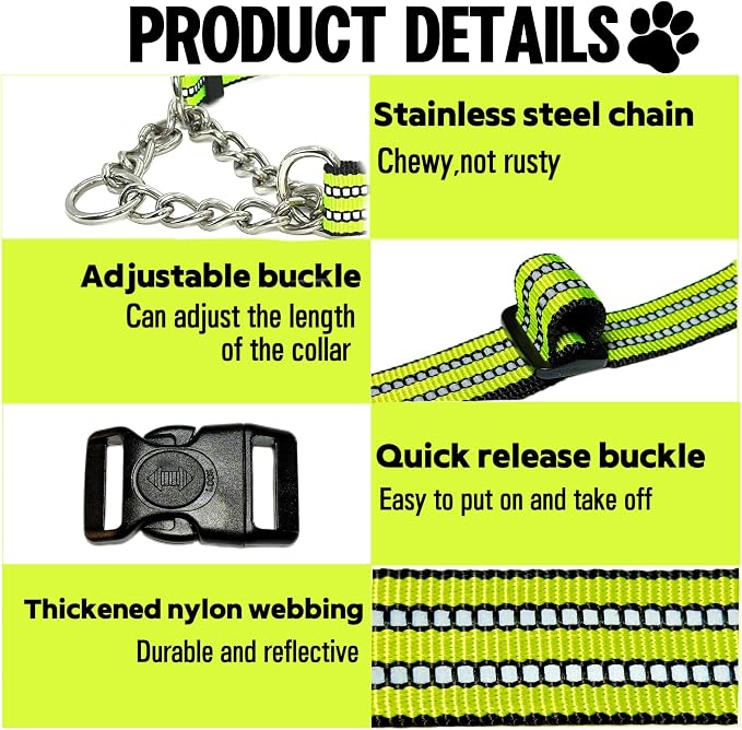 Martingale Dog Collars, Reflective Nylon Collar with Stainless Steel Chain, Adjustable Walking Training Dog Collars with Quick Release Buckle, Suitable for Small Medium Large Dogs(Green,M)