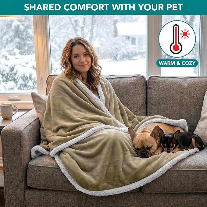 PetAmi Waterproof Dog Blanket for Couch, Large 60x40, Pee Proof Sherpa Fleece Reversible Pet Throw, Furniture Protector for Bed Sofa Kennel, Soft Washable Cover for Medium Dogs Cats, Taupe
