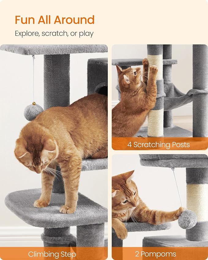 Feandrea Cat Tree, 44.1-Inch Cat Tower, Plush Multi-Level Condo with 4 Scratching Posts, 2 Perches, Hammock, Cave, Light Gray UPCT261W01