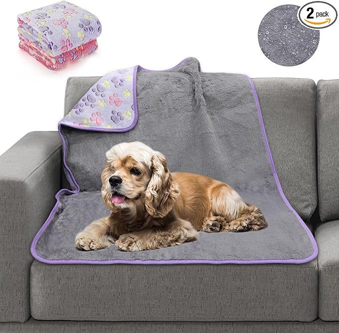 YUEPET Waterproof Dog Blankets, 2 Pack Washable Dog Blankets for Bed Couch Sofa Protector Fleece Flannel Puppy Blanket Soft Plush Reversible Throw Blanket for Medium Large Dog Cat 40"×30"(Purple+Pink)