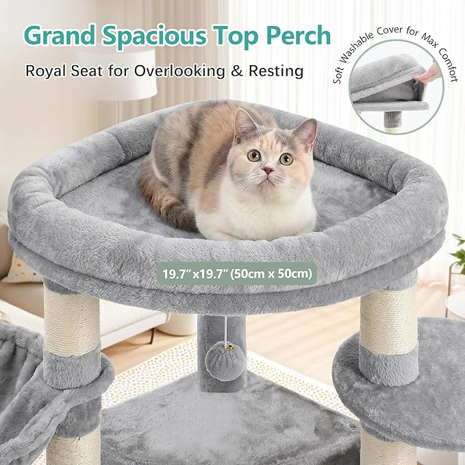 Cat Tree, 81.1" Skyward Corner Cat Tower for Large Cats with Diamond Hideout, Space-Smart Cat Furniture with Grand Platform, Firm Base, 3 Soft Hammock & Pet Relax Station, Light Gray VCT031W