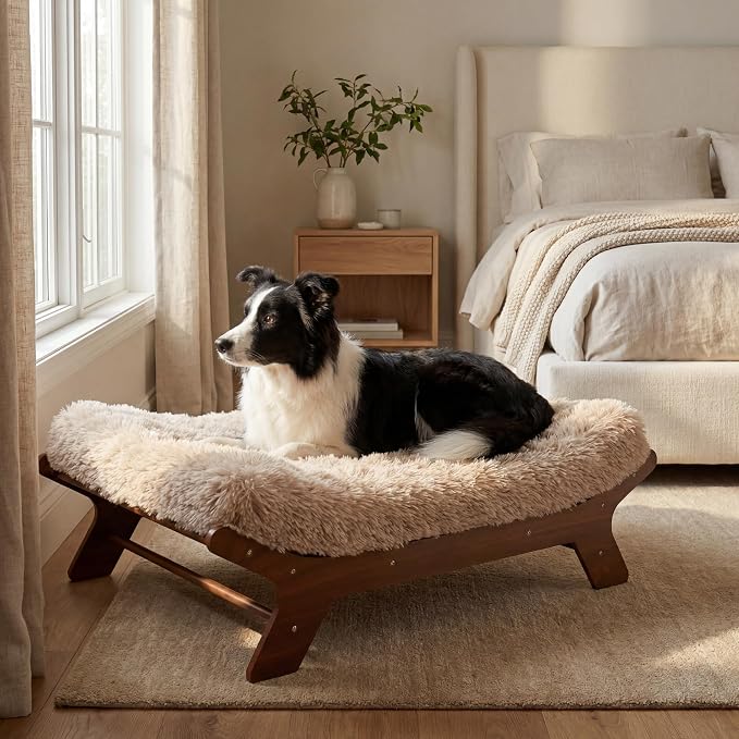 Muihood Wood Elevated Dog Bed Frame and Egg Crate Foam Mattress, Luxurious Suitable for Pets Up to 80 lbs, Walnut Grain Pattern, L