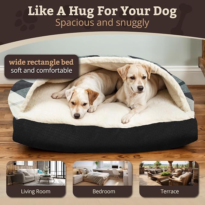 Snoozer Rectangle Cozy Cave Dog Bed - Indoor Dog Bed with Cover Cave, Covered Calming Burrow for Medium & Large Sized Pets with Blanket Attached, Enclosed, Washable Cover -Large, Barkley Black Diamond