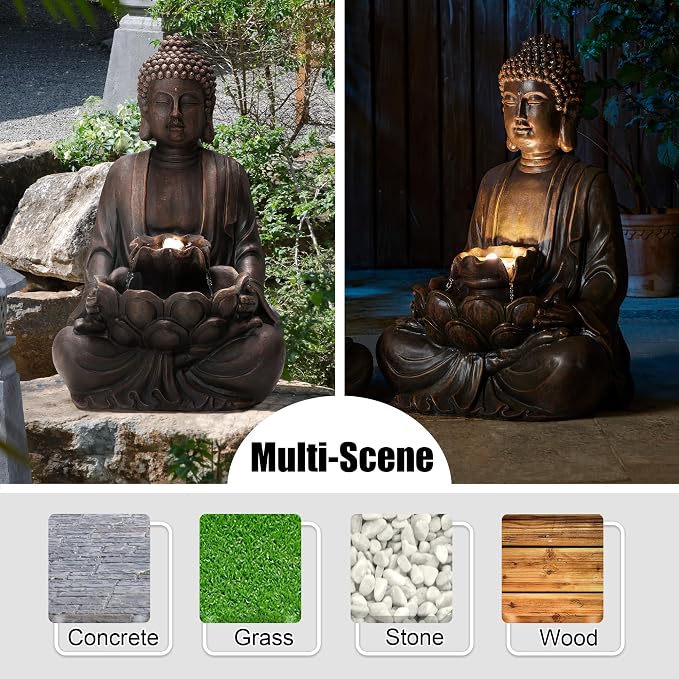 Glitzhome Buddha Fountain with Pump & LED Light, 2 Tier Zen Style Meditating Buddha Water Fountain Outdoor Fountains and Waterfalls Outdoor Buddha Statues for Garden Patio Backyard 28.25" H