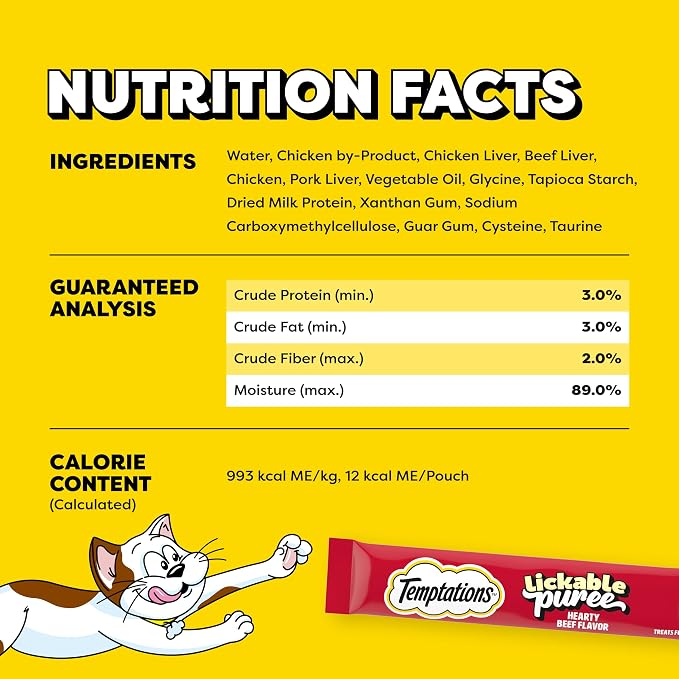 Temptations Creamy Puree Squeezable Lickable Cat Treats, Wet Cat Treats with Beef Liver, 0.42 oz. Tubes, 16 Count