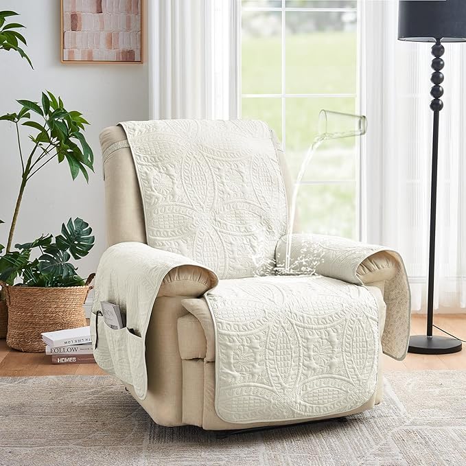 Large Ivory Recliner Chair Covers, Quilted Décor Water-Repellent Lazy Boy Chair Covers, Pet Friendly Large Recliner Cover for Dogs Cats, Washable Couch Cover (Recliner 30", Ivory White)
