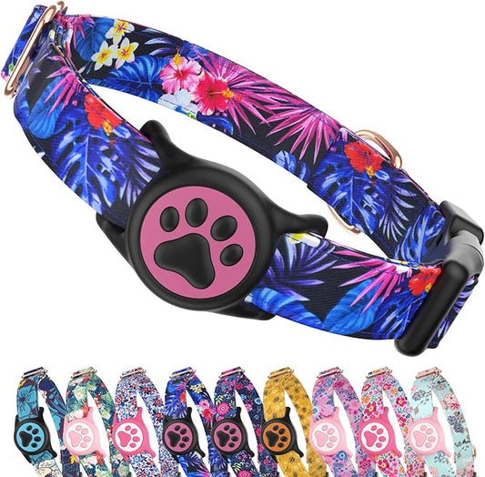 Airtag Dog Collar,with Waterproof airtag Holder，Original Stylish Cute Pattern Design.QR Code ID Buckle，Comfortable Soft Cotton for Small Medium Large Dogs