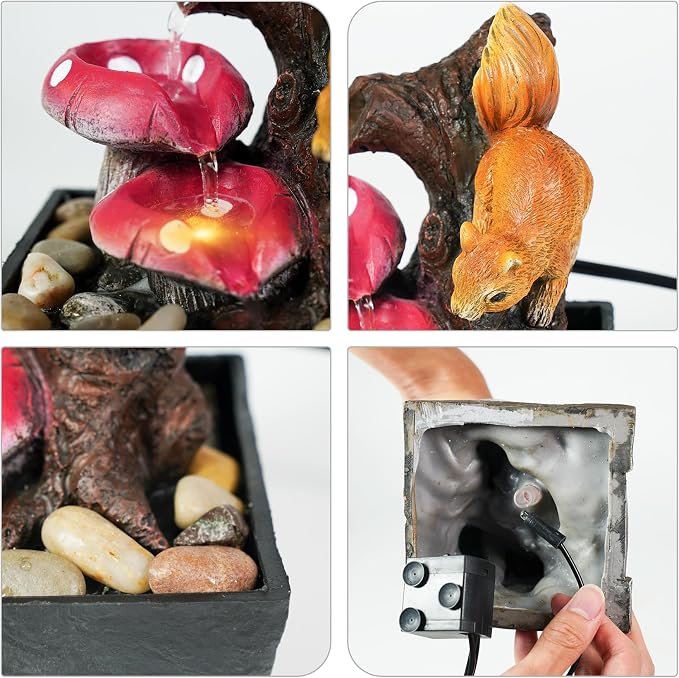 Ferrisland Tabletop Water Fountain Indoor - 3 Tiered Waterfall Fountain Indoor Desktop Water Feature with Light Squirrels Animal Sculpture Relaxation Fountains for Office Home Decor, Gift Idea