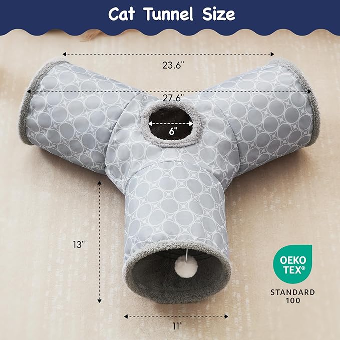 Tempcore Cat Tunnel for Indoor Cats Fleece-Lined in for Warmth, 3 Way Collapsible Pet Play Tunnel with Teaser Wand, Peek Holes & Hanging Ball, Interactive Tube for Kittens & Rabbits, Geometry Grey