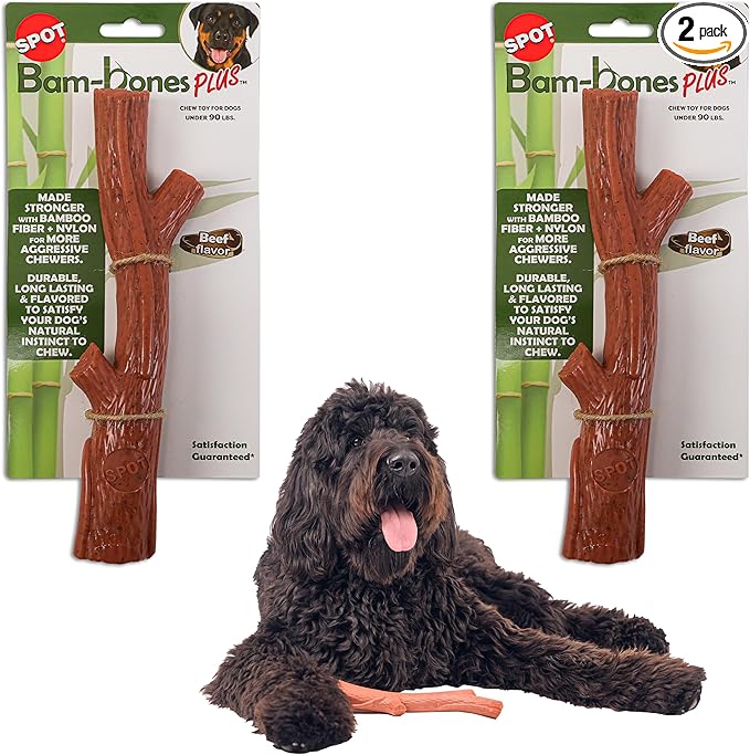 SPOT Bam-Bones Plus Branch -Bamboo Fiber & Nylon, Durable Long Lasting Dog Chew for Aggressive Chewers – Great Toy for Adult Dogs & Teething Puppies Under 90lbs, Non-Splintering, 9.5in, Beef Flavor
