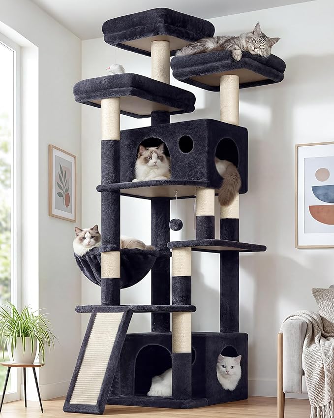 Globlazer Heavy Duty Cat Tree, 73inch Sturdy Cat Tower with Scratching Post for Indoor Multiple Cats, Maine Coon Cat Tree with Cat Perch, Basket, Cat Condo for Adult Cats Kittens, F73C, Dark Grey