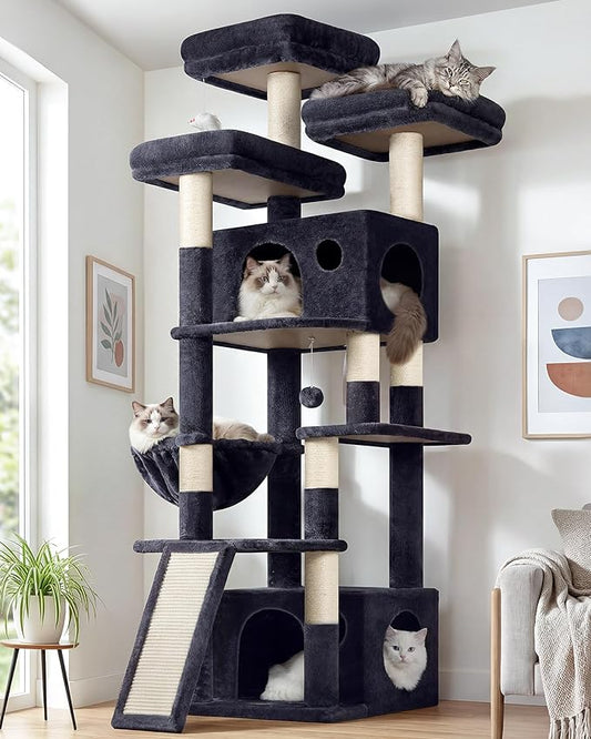 Globlazer Heavy Duty Cat Tree, 73inch Sturdy Cat Tower with Scratching Post for Indoor Multiple Cats, Maine Coon Cat Tree with Cat Perch, Basket, Cat Condo for Adult Cats Kittens, F73C, Dark Grey