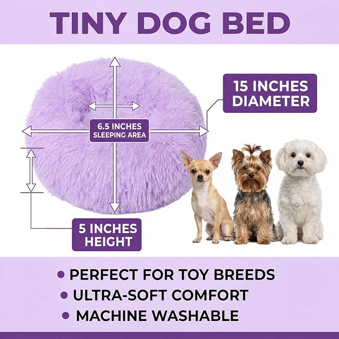 Tiny Dog Bed 15 Inch for Extra Small Dogs,Washable Puppy Bed,Soft Faux Fur Calming Donut Bed for Chihuahua Yorkie Maltese Pomeranian,Purple
