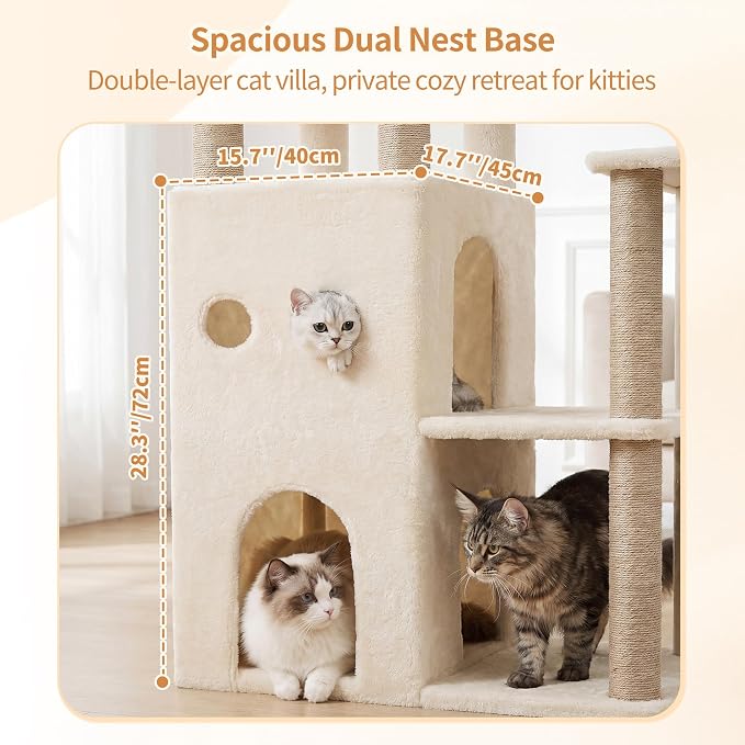 Heybly Cat Tree, 59.4" Secure Anti-Tip Cat Tower for Large Cats, Spacious Cat Furniture with Dual-Tier Cat Condo, 2 Top Perches, Hammock and Sisal Scratching Posts, Beige HCT055MJ