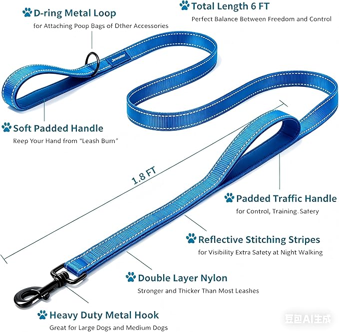 Heavy Duty Dog Leash - 2 Handles by Padded Traffic Handle for Extra Control, 6foot Long - Perfect for Medium to Large Dogs (Dark Blue, 6 ft)