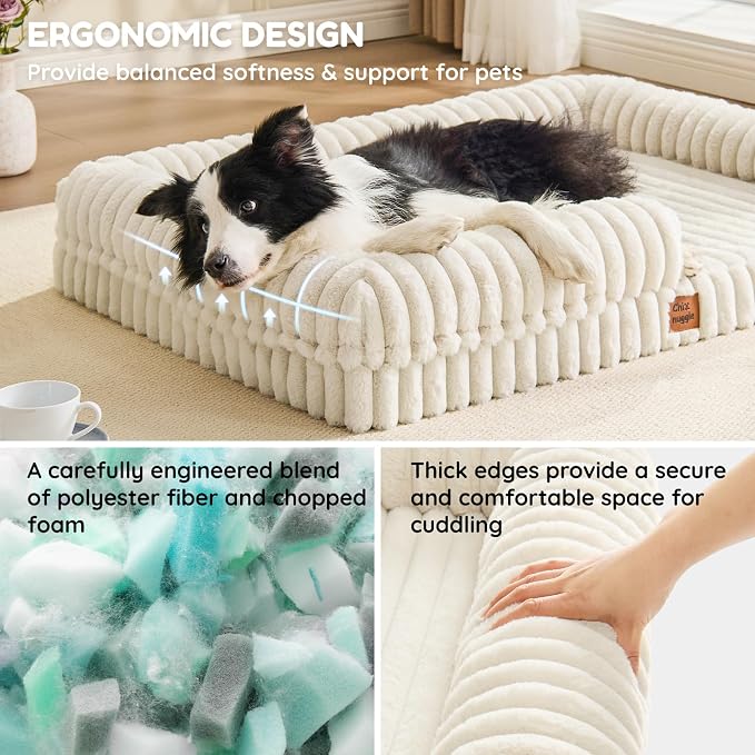 Orthopedic Dog Bed for XL Dogs, Washable Dog Bed with Faux Rabbit Fur Waterproof Cover, High Density Egg Crate Foam Support with 3-Sided Bolsters for Senior Dogs, Non-Skid Bottom, 41x30x7, Cream
