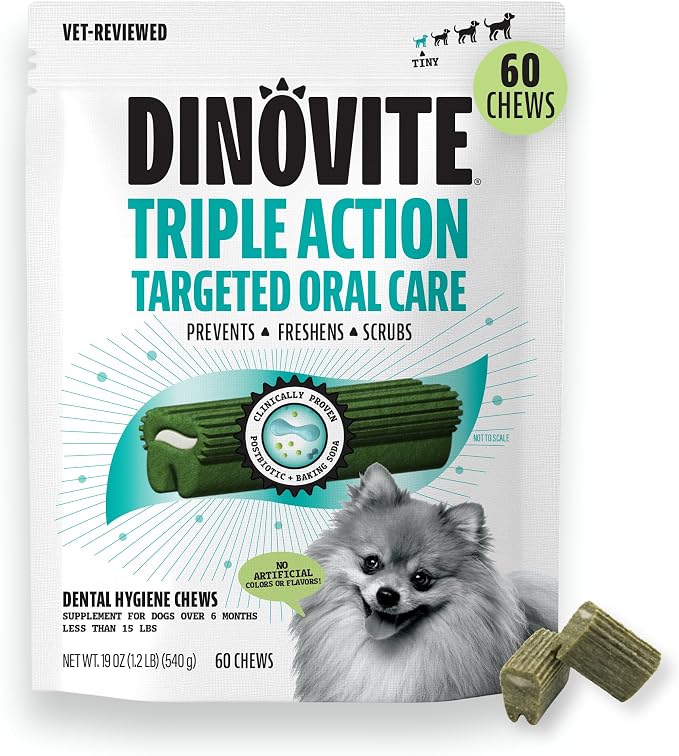 Dinovite Dental Chews for Dogs, Triple Action Dental Dog Treats for Extra Small Breeds, Clinically Proven to Prevent Plaque & Tartar While Freshening Breath, Fresh Mint Flavor, Made in USA, 60 Count