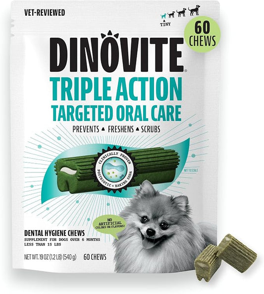 Dinovite Dental Chews for Dogs, Triple Action Dental Dog Treats for Extra Small Breeds, Clinically Proven to Prevent Plaque & Tartar While Freshening Breath, Fresh Mint Flavor, Made in USA, 60 Count