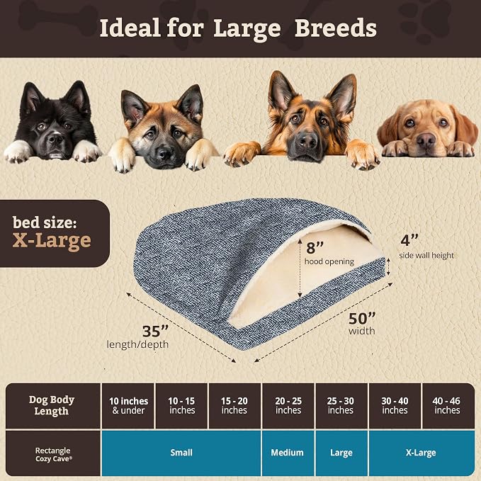 Snoozer Rectangle Cozy Cave Dog Bed - Indoor Dog Bed with Cover Cave, Covered Calming Burrow for Large Sized Pets with Blanket Attached, Enclosed, Washable Cover - XL, Palmer Indigo