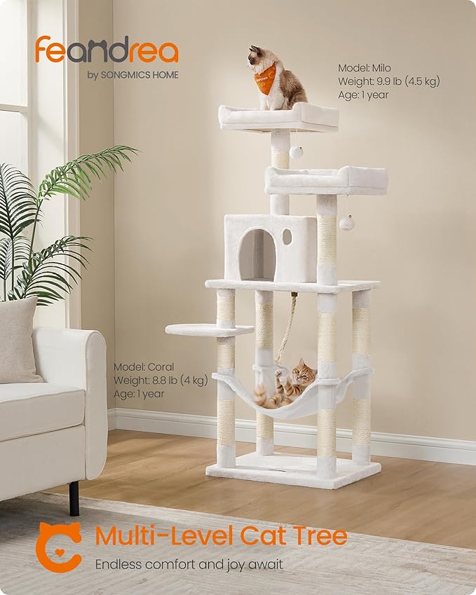 Feandrea Cat Tree, 55.8-Inch Cat Tower, Multi-Level Plush Condo with 11 Scratching Posts, 2 Perches, Hammock, Cave, Light Warm White UPCT015W02