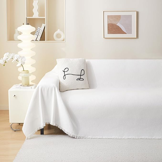 MEETSKY White Couch Cover Chenille Sofa Slipcover for Sectional Sofa Covers Washable, Use Thick Soft Fabric Couch Cover for Dogs, Multi-Use Couch Protector for Living Room, 71" x 118"