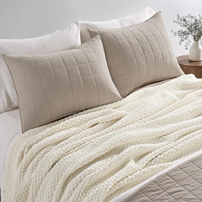 EVERGRACEHOME Chunky Polyester Knit Throw Blanket for Couch, Soft Luxurious Oversized King Moss Stitch Blanket for Bed, Large Cozy Farmhouse Knitted Throw for Sofa, Ivory White, 108" x 92"