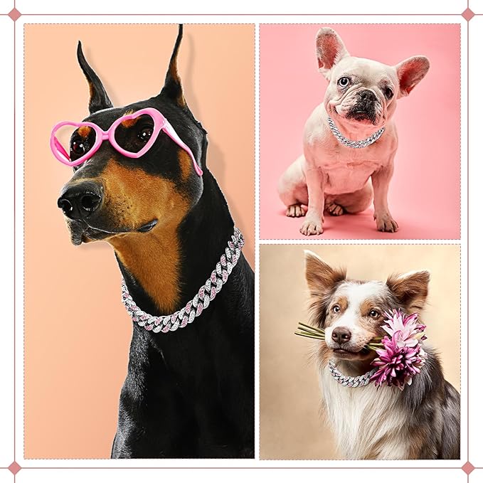 LEIFIDE Dog Chain Collar Diamond Link Puppy Collar 12 mm Wide Dog Necklace Metal Cat Chain Pet Crystal Necklace Jewelry Accessories for Small Medium Large Pet(10 Inch,Silver, Pink White)