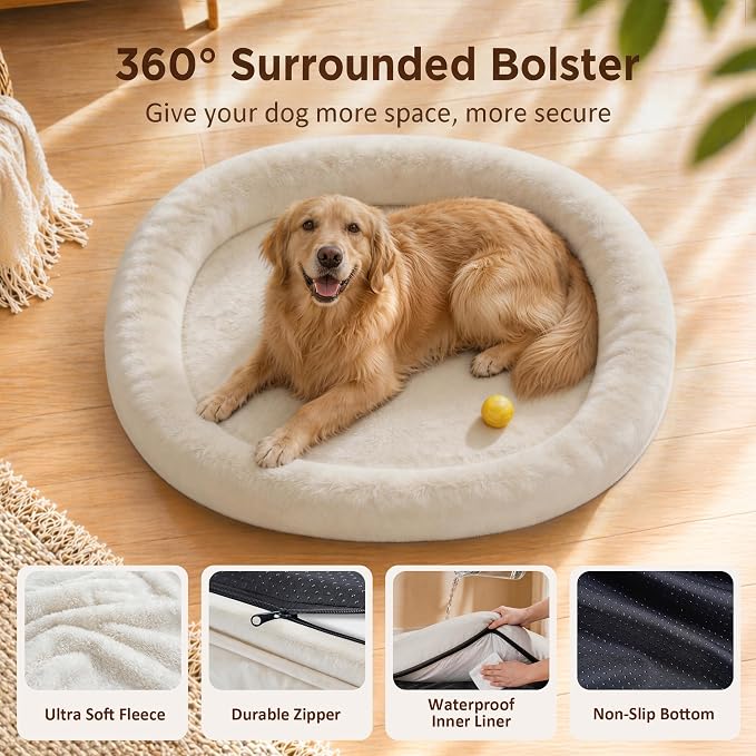Orthopedic Dog Bed for Extra Large Dogs, XL Waterproof Dog Bed with Bolsters, Supportive Egg Crate Foam Pet Couch Bed with Removable Washable Cover & Non-Slip Bottom, Light Beige