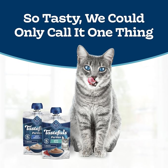 Blue Buffalo Tastefuls Beef Purées Natural Wet Cat Food Topper, Just 5 Ingredients Including Real Beef, All Life Stages, 3-oz. Resealable Pouches (12 Count)