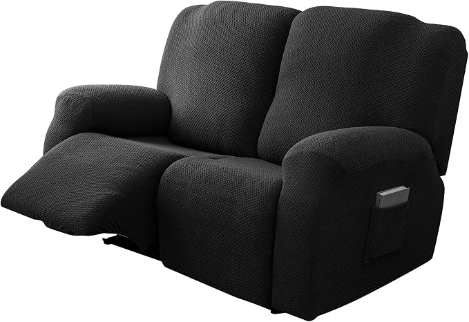 Genina Recliner Loveseat Covers, Stretch Reclining Sofa Covers, 2 Seater Couch Cushion Stripe Jacquard Recliner Slipcovers - Furniture Protector Covers for Pet Kid (Black)