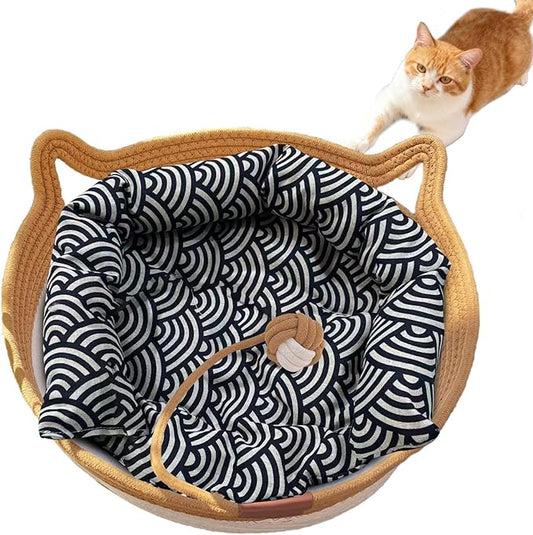 Instinct Basket, Stimuli Handwoven cat Basket Rope Cotton with Cushion, Eliminates Bed Rejection Round Pet Basket, Boho Catbed for Cats Handwoven Scratchable Breathable Weave (Small-B)