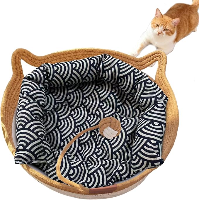 Instinct Basket, Stimuli Handwoven cat Basket Rope Cotton with Cushion, Eliminates Bed Rejection Round Pet Basket, Boho Catbed for Cats Handwoven Scratchable Breathable Weave (Large-A)