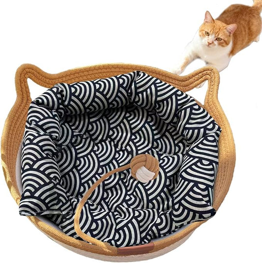 Instinct Basket, Stimuli Handwoven cat Basket Rope Cotton with Cushion, Eliminates Bed Rejection Round Pet Basket, Boho Catbed for Cats Handwoven Scratchable Breathable Weave (Large-A)