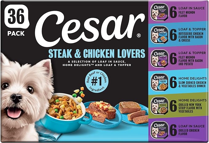 Cesar Wet Dog Food Steak and Chicken Lovers Variety Pack with Real Beef or Real Chicken, 3.5 oz. Easy Peel Trays, 36 Count (Pack of 1)