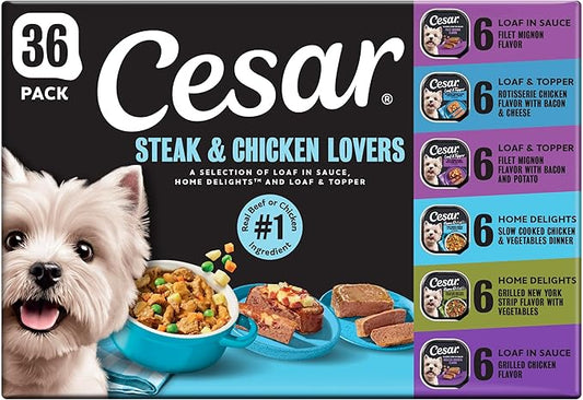 Cesar Wet Dog Food Steak and Chicken Lovers Variety Pack with Real Beef or Real Chicken, 3.5 oz. Easy Peel Trays, 36 Count (Pack of 1)