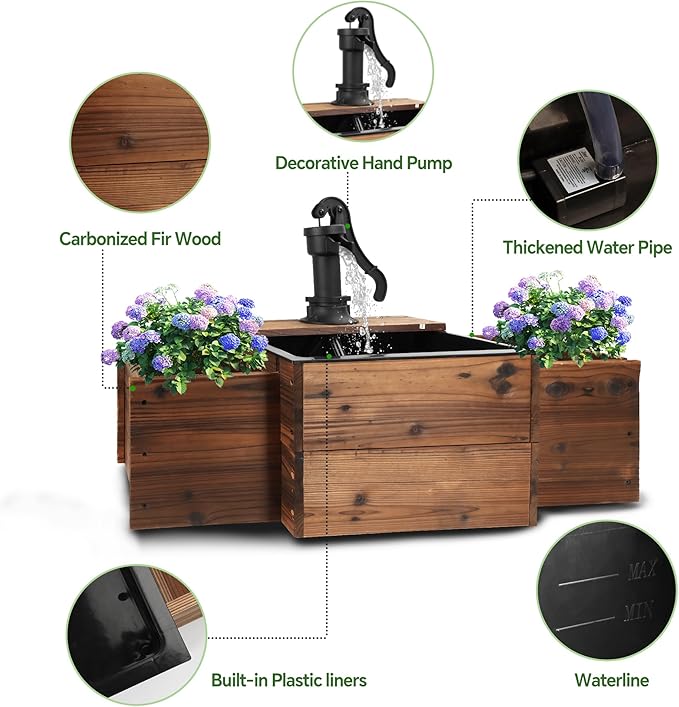 OIPRTGFJ Outdoor Water Fountain,Floor Wooden Pump Old-Fashioned Fountain with Flower Box,Solar Decorative Hand Pump, Outdoor Water Feature for Garden Patio Backyard (Solar Rectangular Pump)
