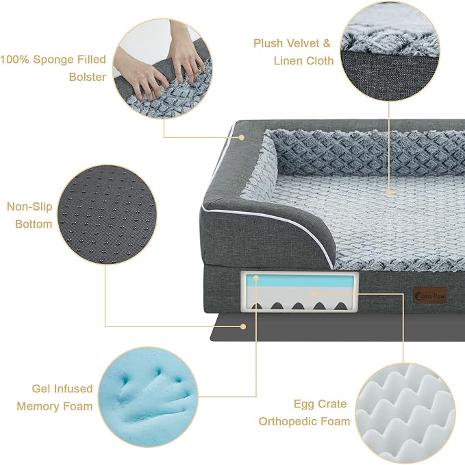 Orthopedic Dog Beds for Extra Large Sized Dogs 45x35 Inch, XL Waterproof Egg Crate Foam Dog Sofa Bed with Removable Washable Cover Big Pet Couch with Bolster & Non-Slip Bottom, Dark Grey