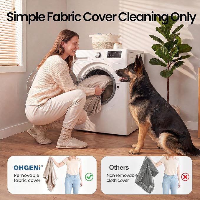 OhGeni Orthopedic Dog Bed Couch Big Cat Sofa for Extra Large Sized Pets with Memory Foam, Machine-Washable Waterproof Removable Cover, Soft Comfortable Fabric, 44-inch (Beige)