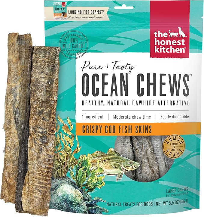 The Honest Kitchen Human Grade Ocean Chews Crispy Cod Fish Skins Dog Treats, 5.5 Ounces