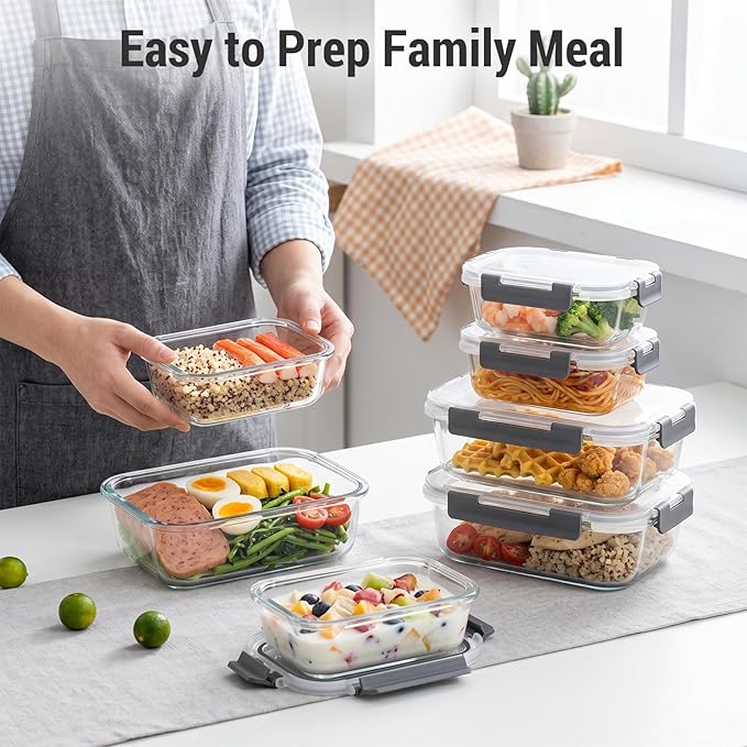 Dealusy 10 Sets (20-Piece) 4.5 Cup & 1.5 Cup Glass Food Storage Containers with lids, Airtight Leak-proof Glass Meal Prep Containers with Lids, Microwave Oven Freezer Dishwasher Safe, Gray