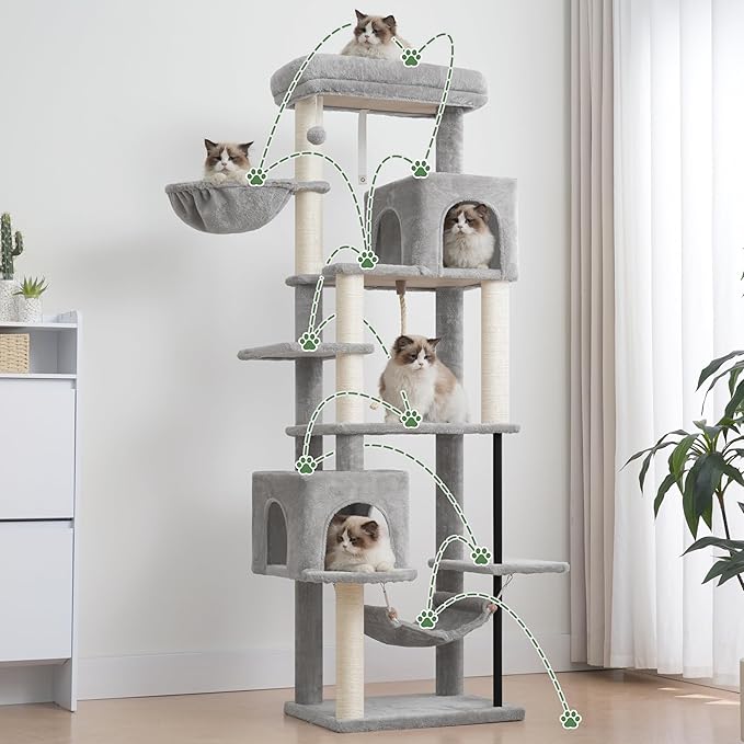 Gitelsnour Cat Tree for Indoor Cats Large Adult, 70.5'' Cat Tower with Scratching Post, Sturdy Steel Pube Cat Tree Tower with Large Playing Platfrom, Hammock and Basket, Top Perch, Light Gray GCT024W