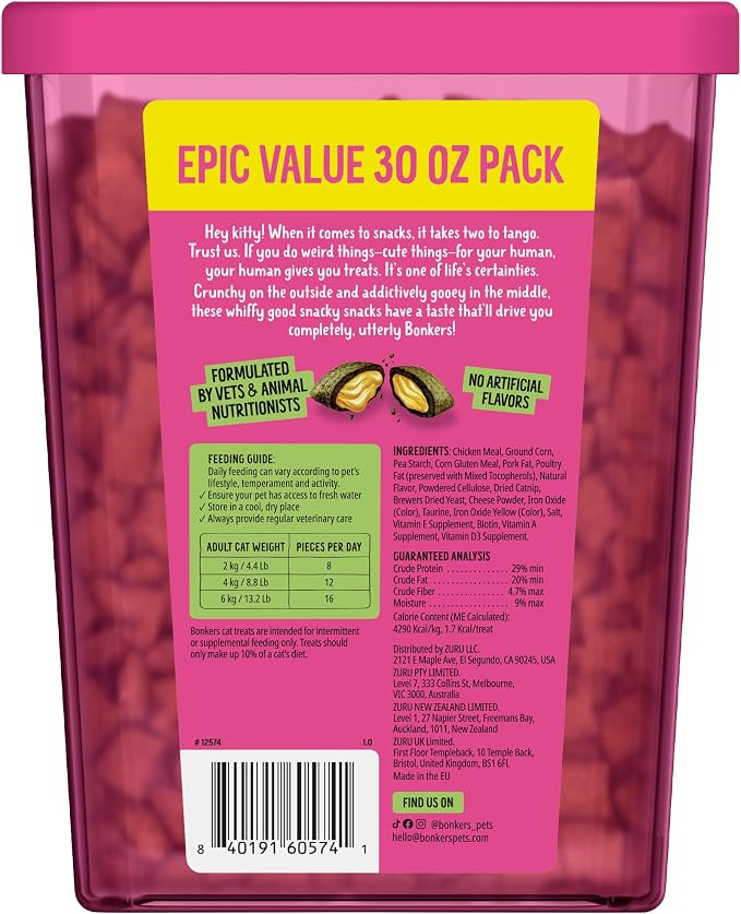 Bonkers Bites Catnip & Chick 'N' Cheddar Flavor Crunchy & Soft Treats for Cats, 30oz Tub