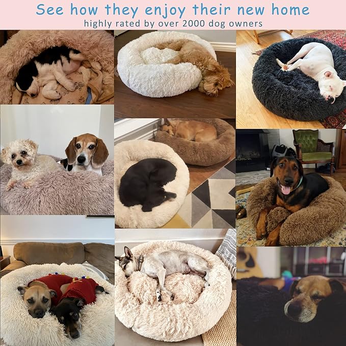 Washable Dog Round Bed - Medium Donut Dog Bed, Comfy Calming Cuddler