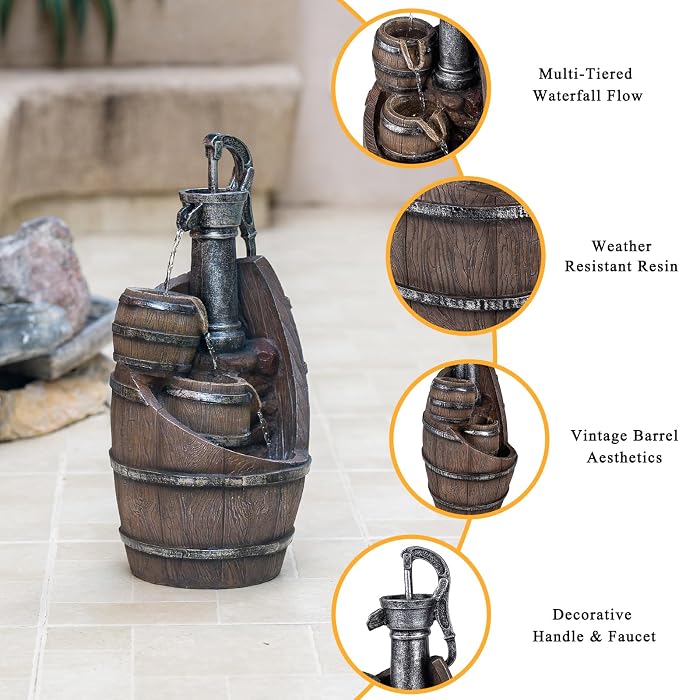 Solarbloom 21.7" H Garden Fountains, Farmhouse Outdoor Water Fountain with LED Lights, Rustic Pump and Barrel, for Patio Garden Backyard Deck Decor