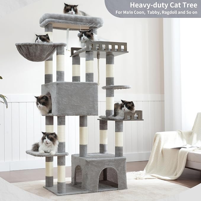 Gitelsnour Maine Coon Cat Tree, Heavy Duty Cat Tree for Indoor Cats Large Adult, Cat Tower for Large Cats 20 lbs+ with Hammock, 2 Big Perches, 2 Cat Condos, 15 Scratching Posts, Light Gray GCT033W