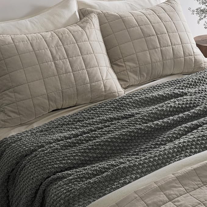 EVERGRACEHOME Chunky Polyester Knit Throw Blanket for Couch, Soft Luxurious Oversized King Moss Stitch Blanket for Bed, Large Cozy Farmhouse Knitted Throw for Sofa, Charcoal Gray, 108" x 92"