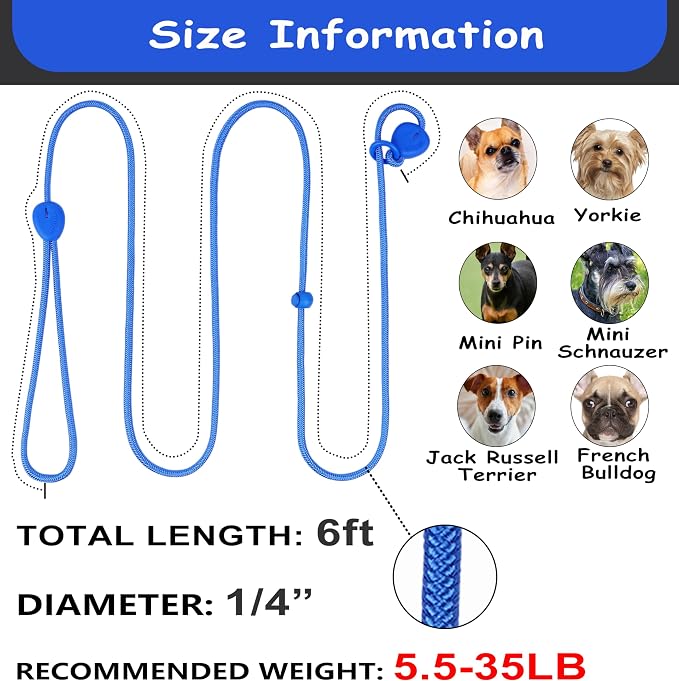 D Blue 6FT Slip Lead - Heavy Duty No Pull Dog Training Leash, Comfortable Rope Leash for Small to Medium Dogs