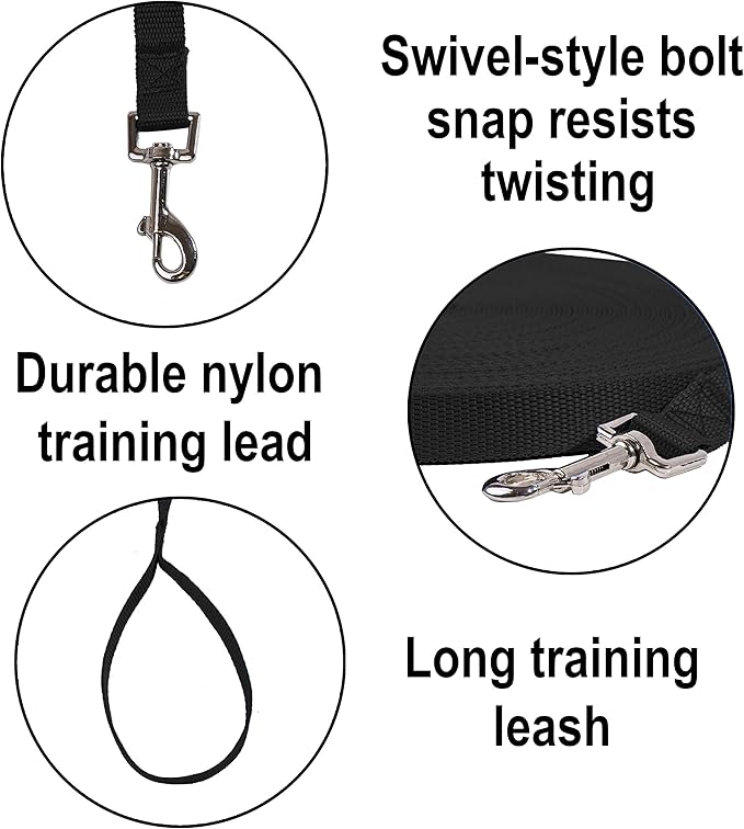 Hi Kiss Dog/Puppy Obedience Recall Training Agility Lead/Leash - 15ft 20ft 30ft 50ft 100ft - Great for Play, Camping, or Backyard - Black