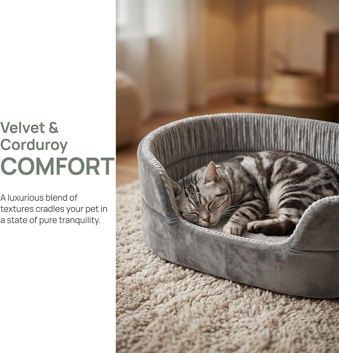 Large Dog Bed Cat Bed 20x30 Inch,Calming Pet Bed for Dogs & Cats,Machine Washable Dog Bed,Half-Enclosed Open-Top Velvet Anti-Anxiety Bed,Cozy Snuggle Bed (Grey)