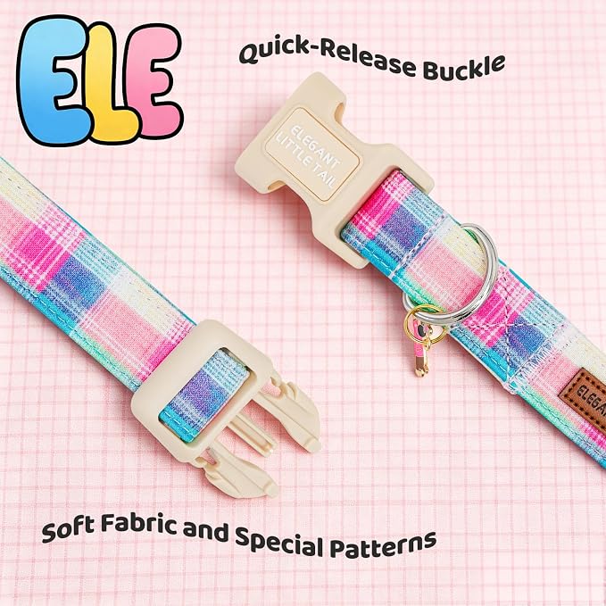 Elegant Little Tail Summer Dog Collar, Pink Plaid Pattern Soft Cotton Pet Collars with Sturdy Quick Release Female Adjustable Pet Collar for Small Medium Large Dogs